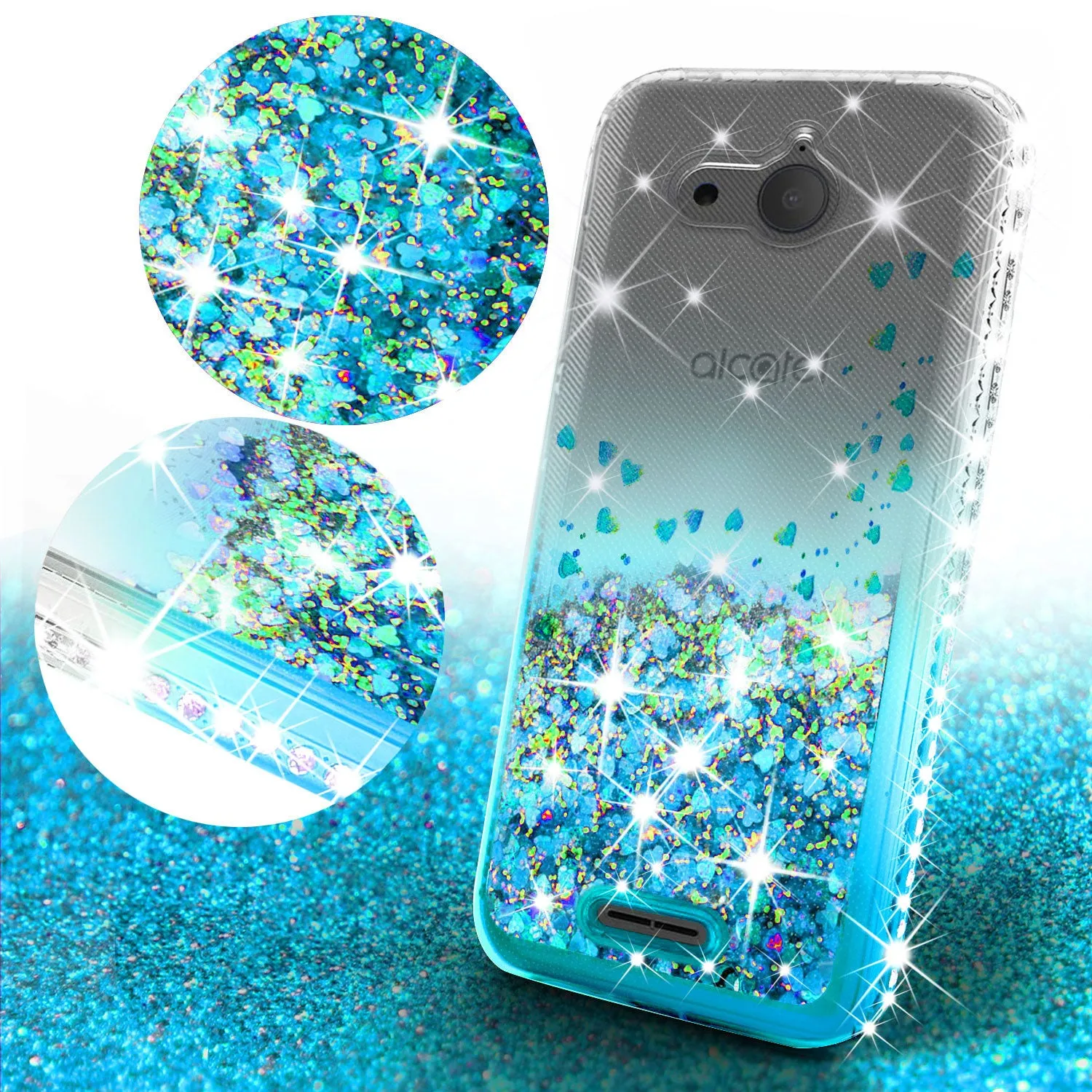 Alcatel Tetra Case Liquid Glitter Phone Case Waterfall Floating Quicksand Bling Sparkle Cute Protective Girls Women Cover for Tetra - Teal