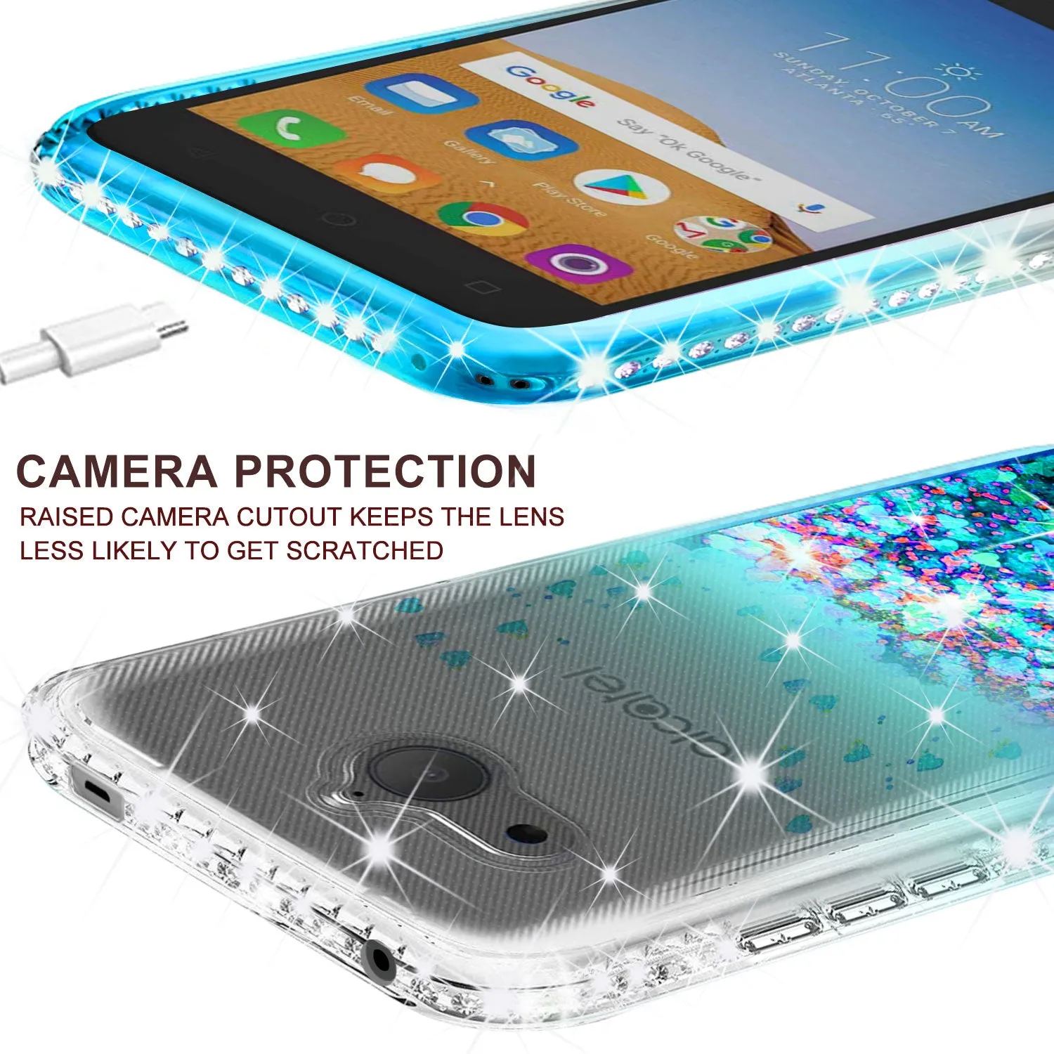 Alcatel Tetra Case Liquid Glitter Phone Case Waterfall Floating Quicksand Bling Sparkle Cute Protective Girls Women Cover for Tetra - Teal