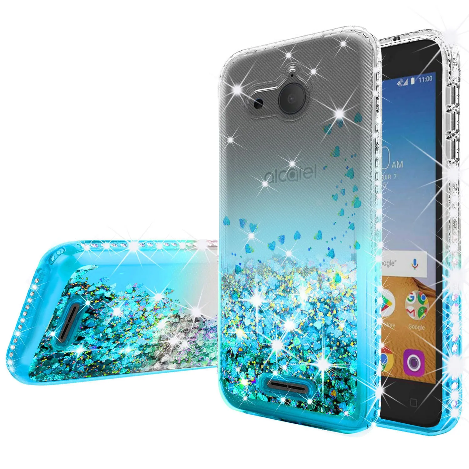 Alcatel Tetra Case Liquid Glitter Phone Case Waterfall Floating Quicksand Bling Sparkle Cute Protective Girls Women Cover for Tetra - Teal