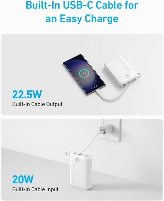 Anker Power Bank Battery Pack, 20,000mAh 22.5W High Speed Charging Portable Charger with Built-in USB C Cable, 1 USB-C, 1 USB-A  A1647H21 (White)