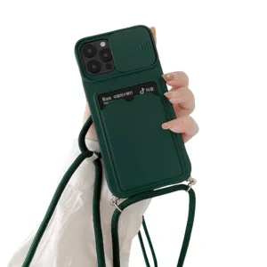 Anymob iPhone Case Army Green Crossbody Camera Lens Protect Wallet Card Necklace Lanyard Cover