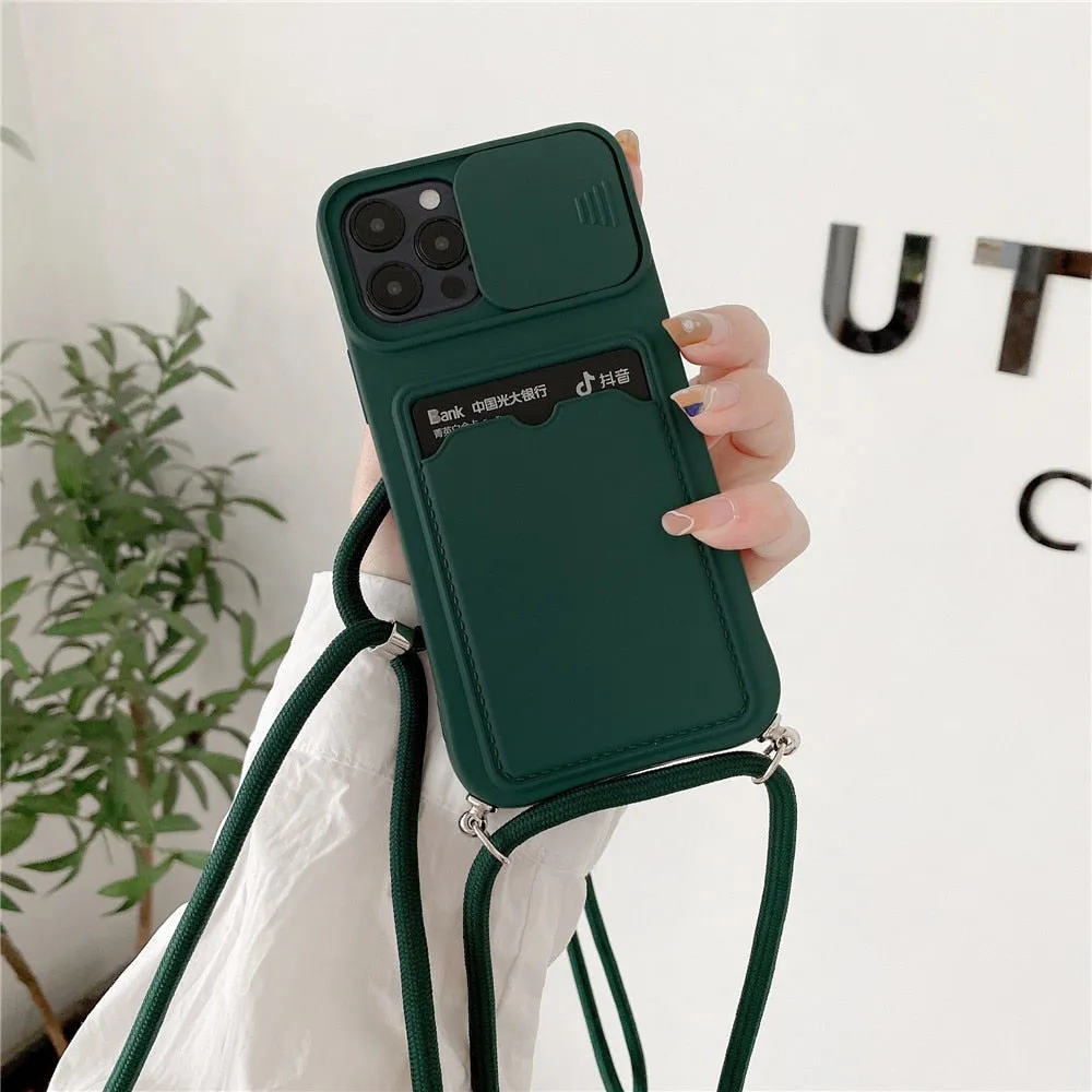 Anymob iPhone Case Army Green Crossbody Camera Lens Protect Wallet Card Necklace Lanyard Cover