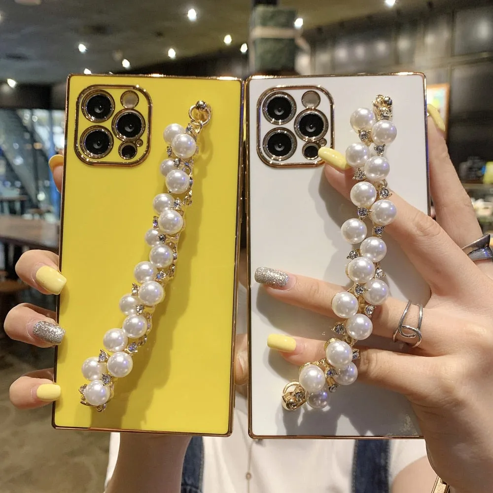 Anymob iPhone Case Army Green Pearl Diamond Bracelet Square Plating Soft Chain Back Cover