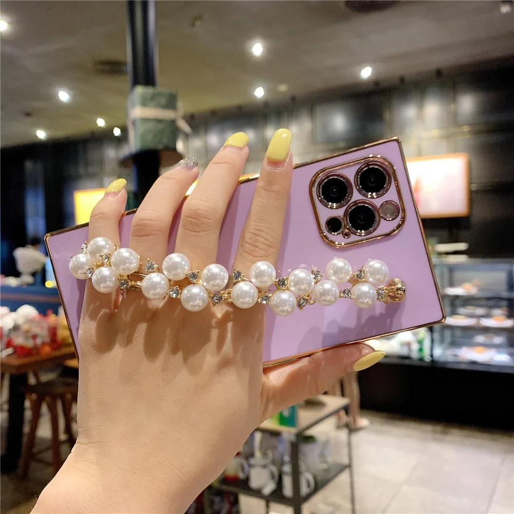 Anymob iPhone Case Army Green Pearl Diamond Bracelet Square Plating Soft Chain Back Cover