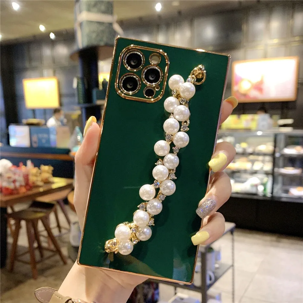 Anymob iPhone Case Army Green Pearl Diamond Bracelet Square Plating Soft Chain Back Cover