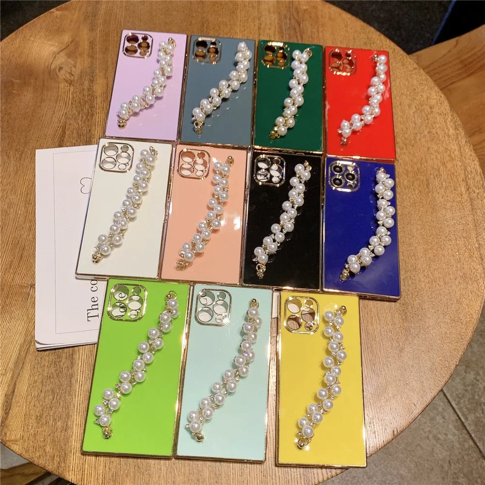 Anymob iPhone Case Army Green Pearl Diamond Bracelet Square Plating Soft Chain Back Cover