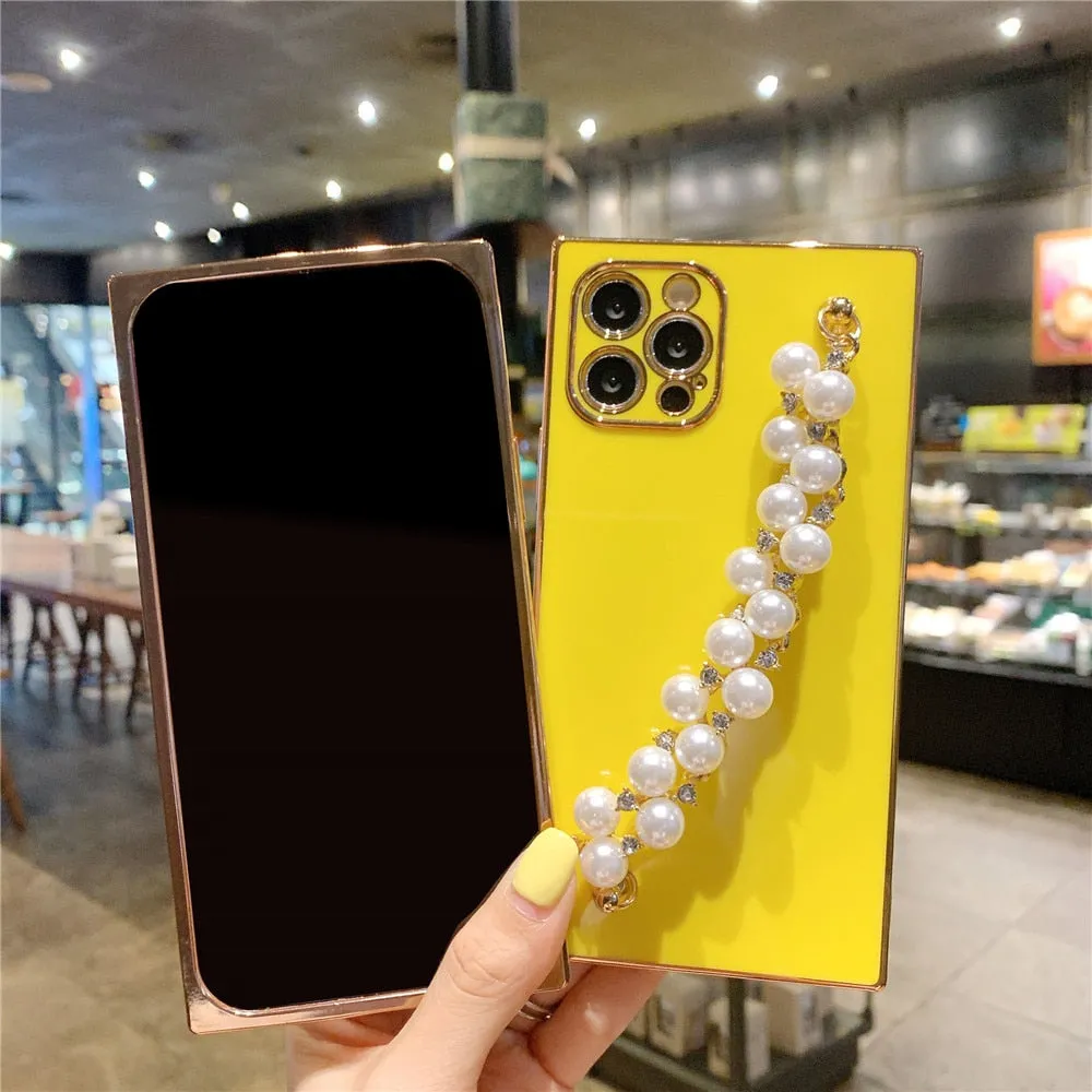 Anymob iPhone Case Army Green Pearl Diamond Bracelet Square Plating Soft Chain Back Cover