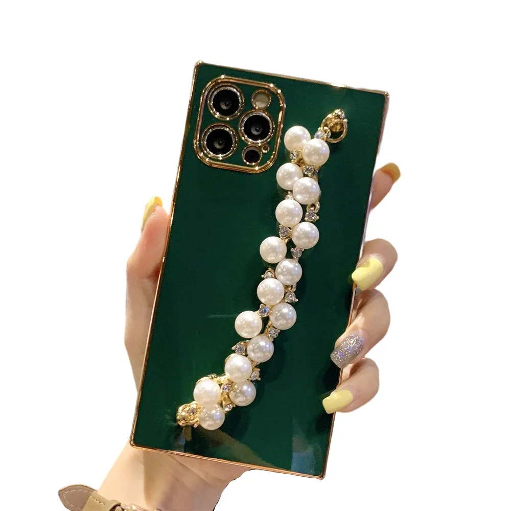 Anymob iPhone Case Army Green Pearl Diamond Bracelet Square Plating Soft Chain Back Cover