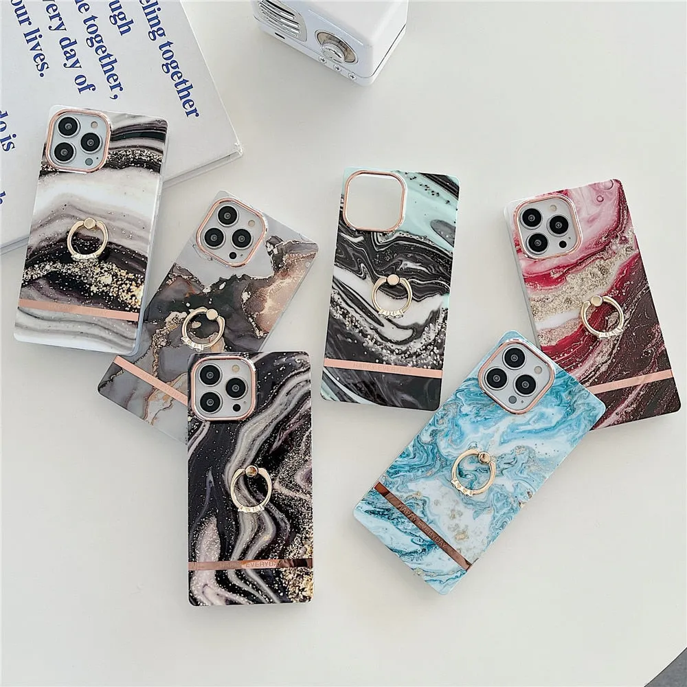 Anymob iPhone Case Black Blue Marble Horizontal Pattern With Finger Ring Soft Silicon Cover