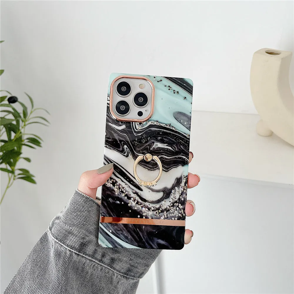 Anymob iPhone Case Black Blue Marble Horizontal Pattern With Finger Ring Soft Silicon Cover