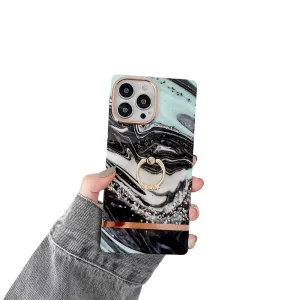 Anymob iPhone Case Black Blue Marble Horizontal Pattern With Finger Ring Soft Silicon Cover