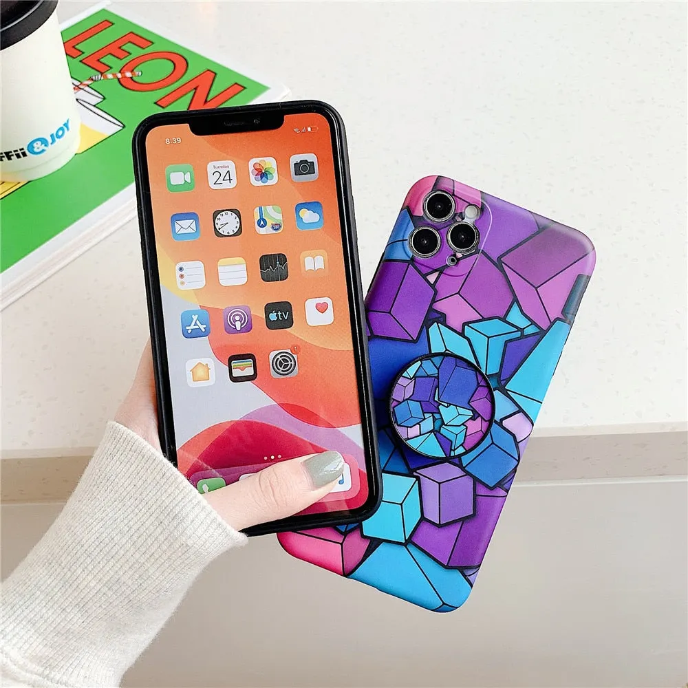 Anymob iPhone Case Black Colorful Marble Holder Grip Kickstand Soft Silicon Phone Back Cover