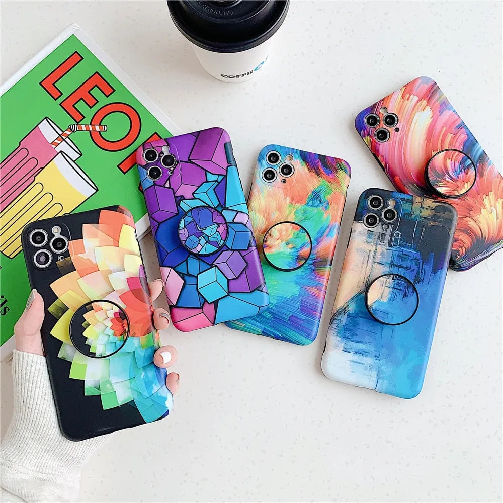 Anymob iPhone Case Black Colorful Marble Holder Grip Kickstand Soft Silicon Phone Back Cover