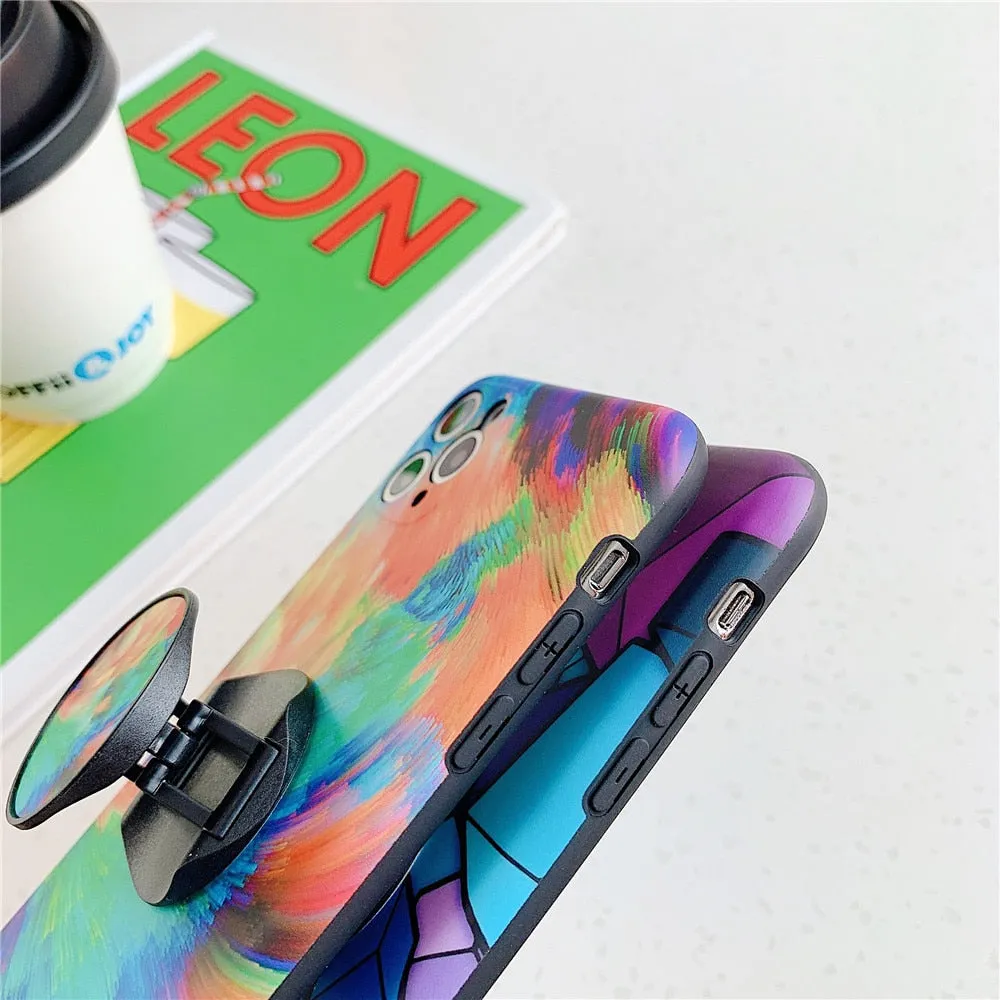 Anymob iPhone Case Black Colorful Marble Holder Grip Kickstand Soft Silicon Phone Back Cover