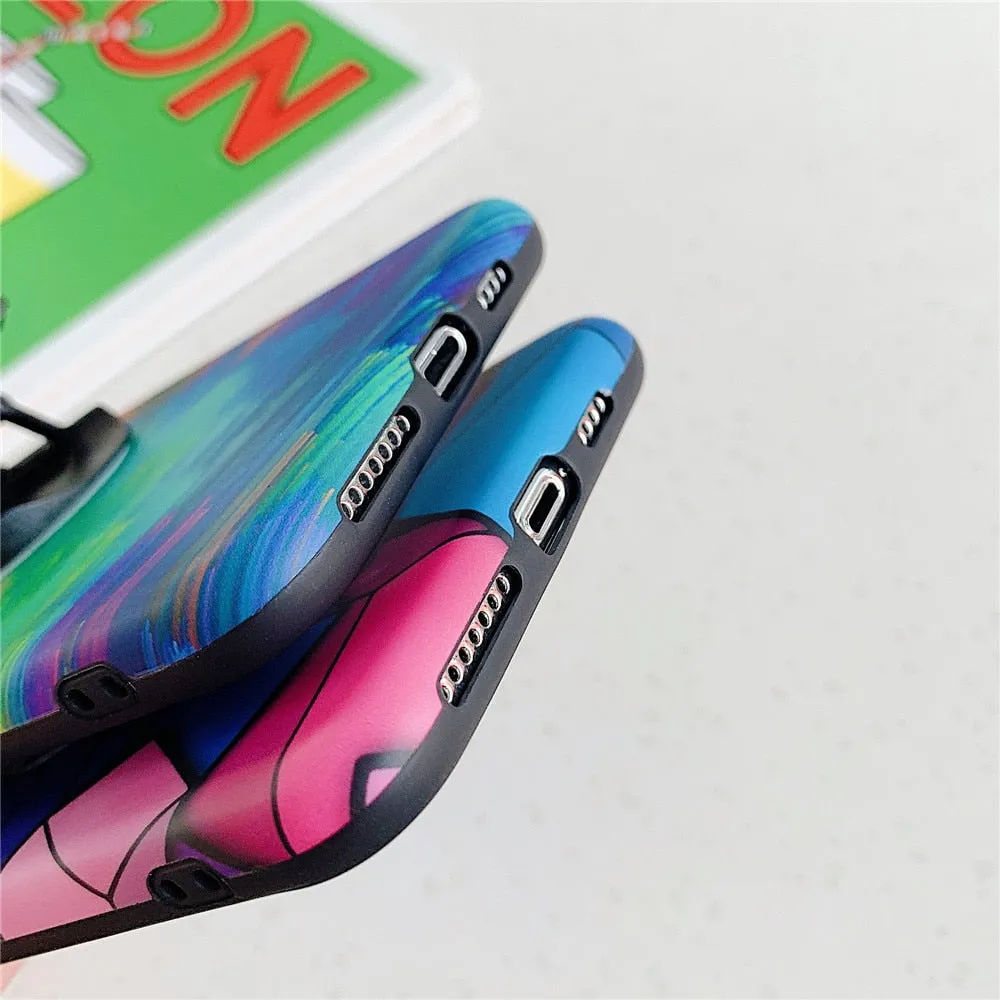 Anymob iPhone Case Black Colorful Marble Holder Grip Kickstand Soft Silicon Phone Back Cover
