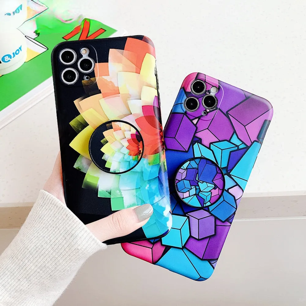 Anymob iPhone Case Black Colorful Marble Holder Grip Kickstand Soft Silicon Phone Back Cover