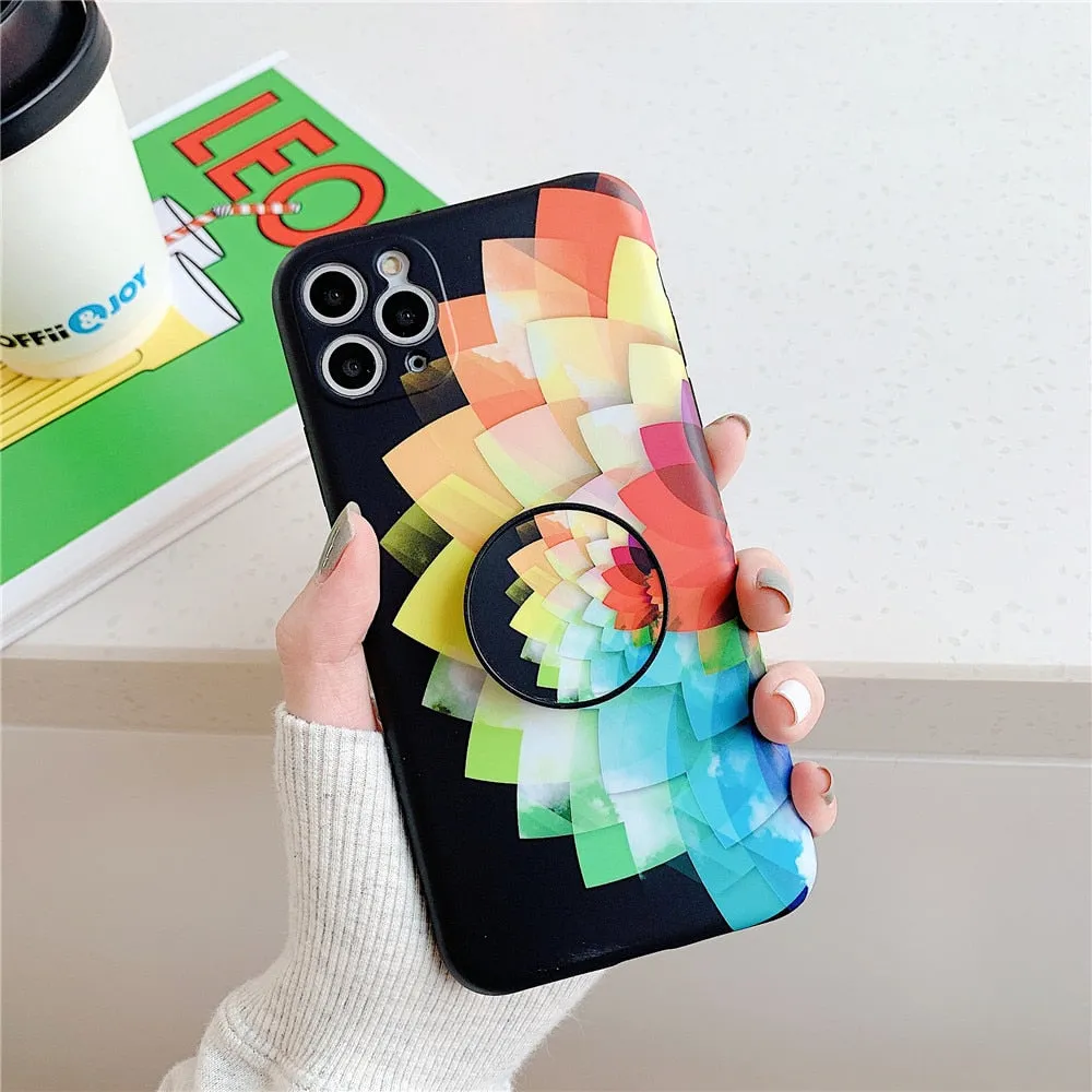 Anymob iPhone Case Black Colorful Marble Holder Grip Kickstand Soft Silicon Phone Back Cover