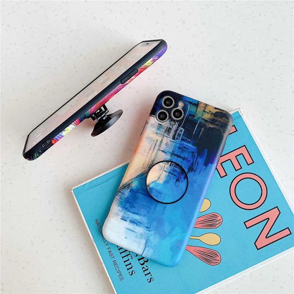 Anymob iPhone Case Black Colorful Marble Holder Grip Kickstand Soft Silicon Phone Back Cover