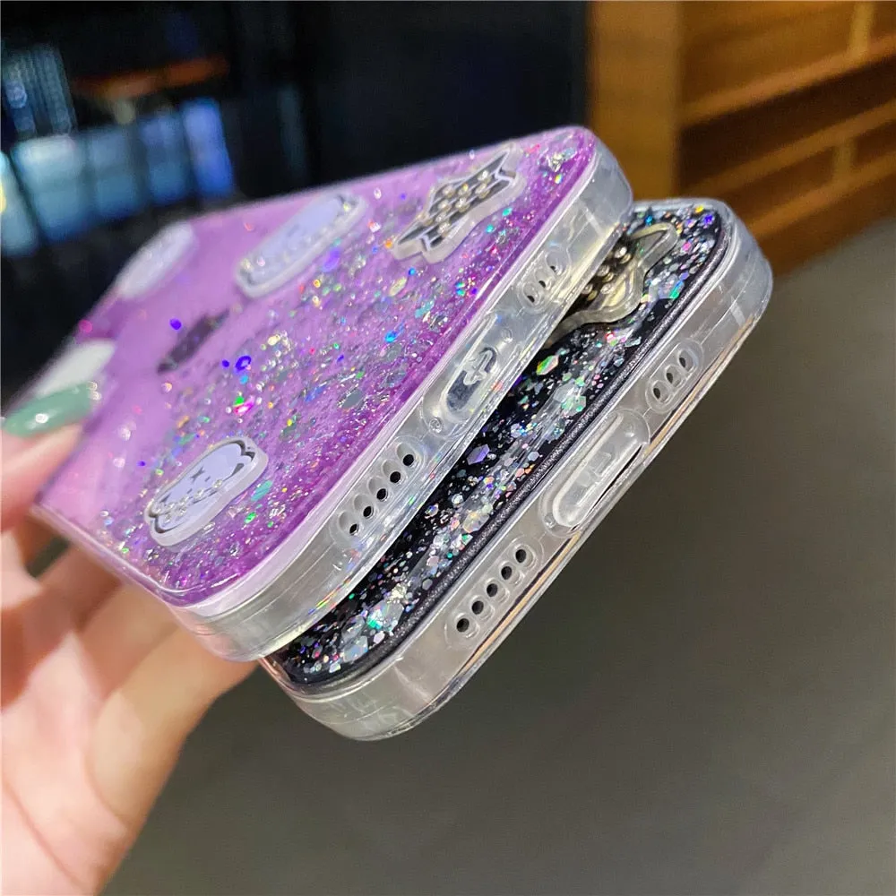 Anymob iPhone Case Black Glitter Planet Clear Soft Silicone Cover