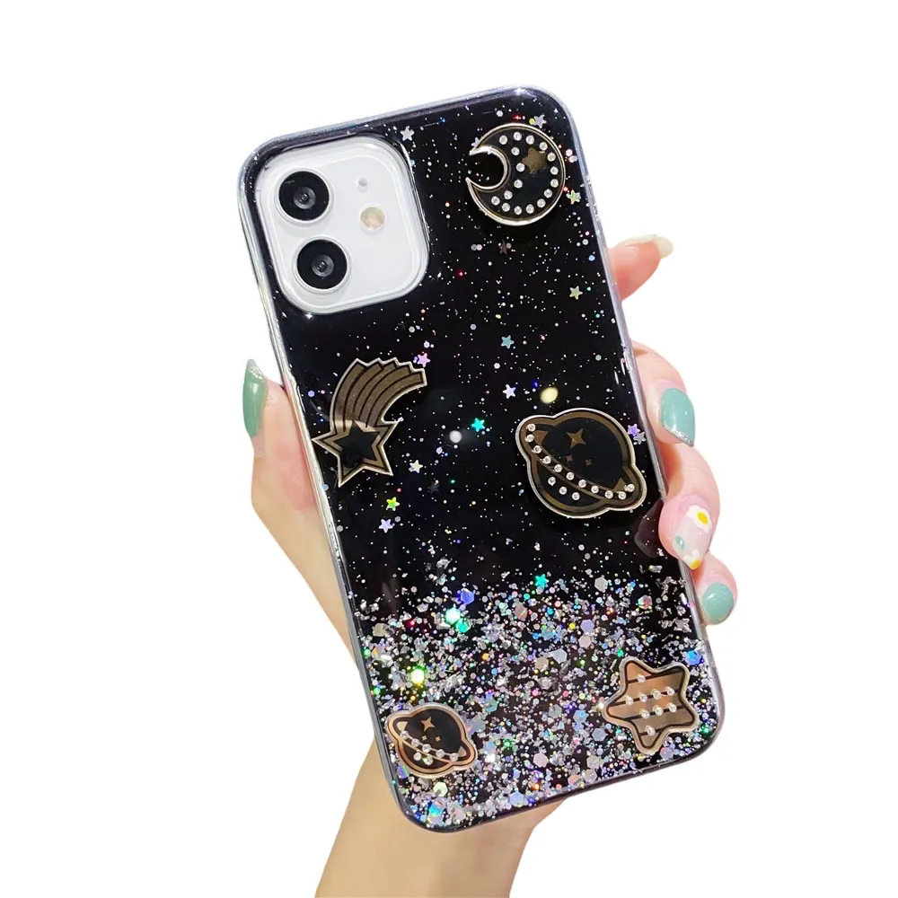Anymob iPhone Case Black Glitter Planet Clear Soft Silicone Cover