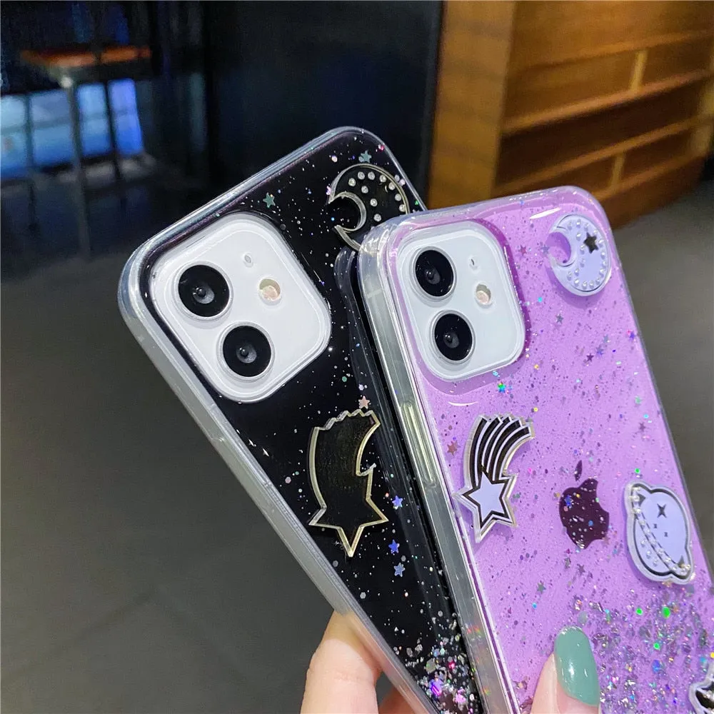 Anymob iPhone Case Black Glitter Planet Clear Soft Silicone Cover