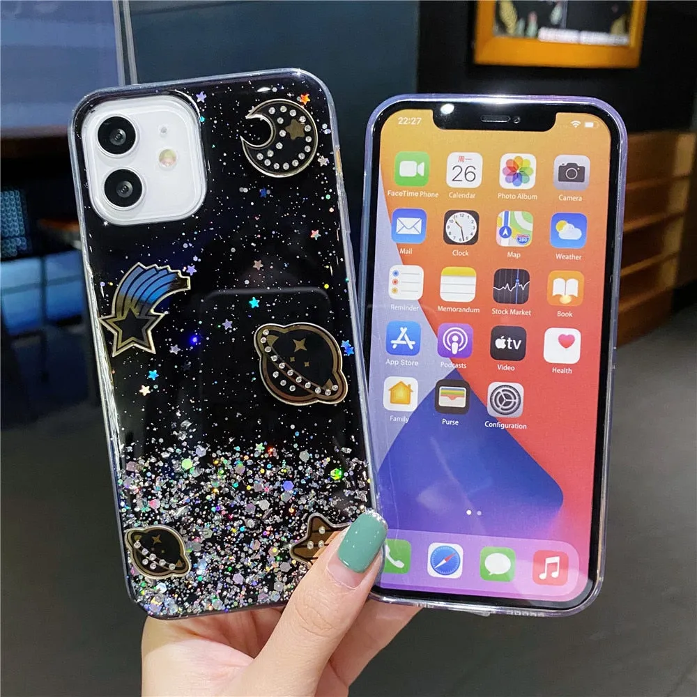 Anymob iPhone Case Black Glitter Planet Clear Soft Silicone Cover