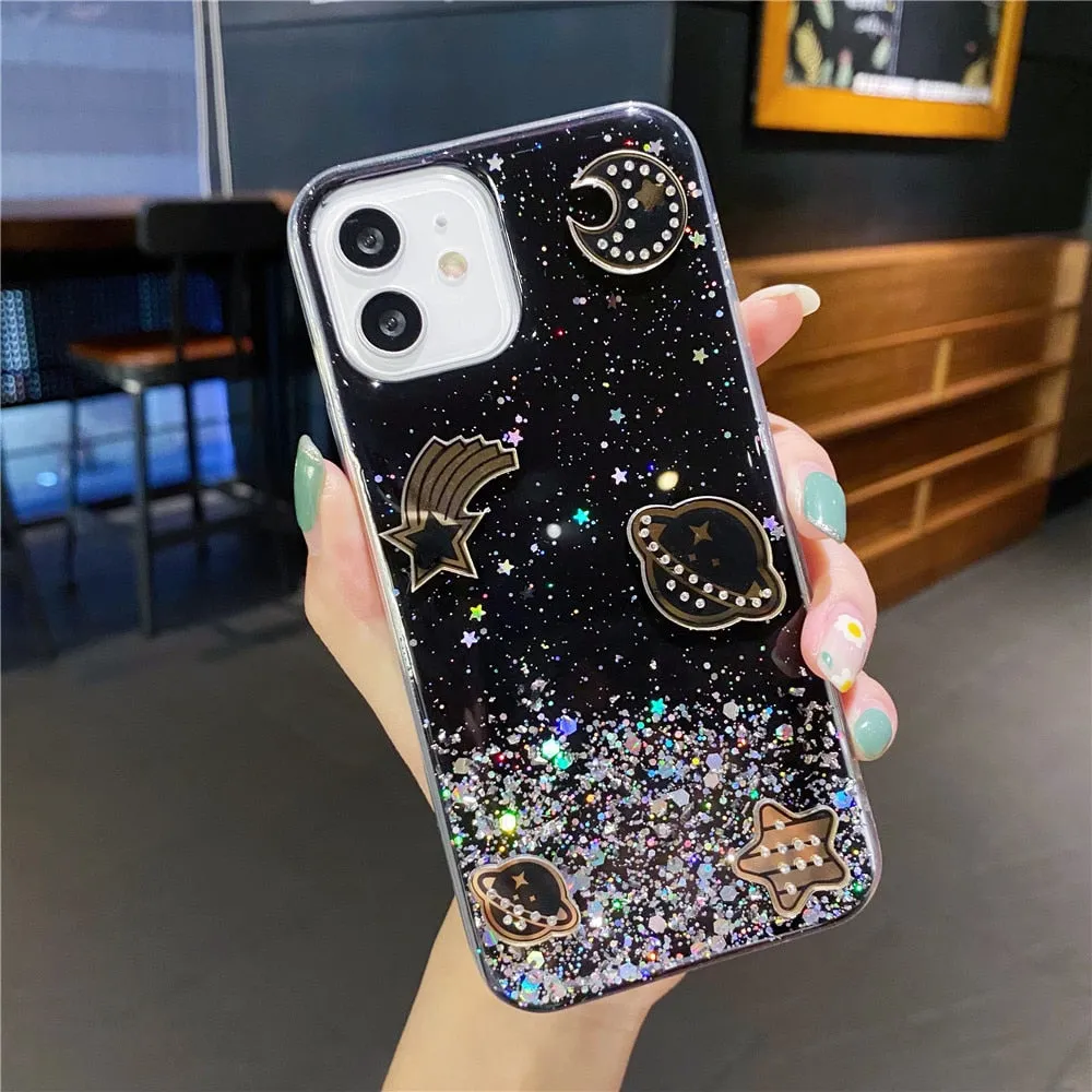 Anymob iPhone Case Black Glitter Planet Clear Soft Silicone Cover