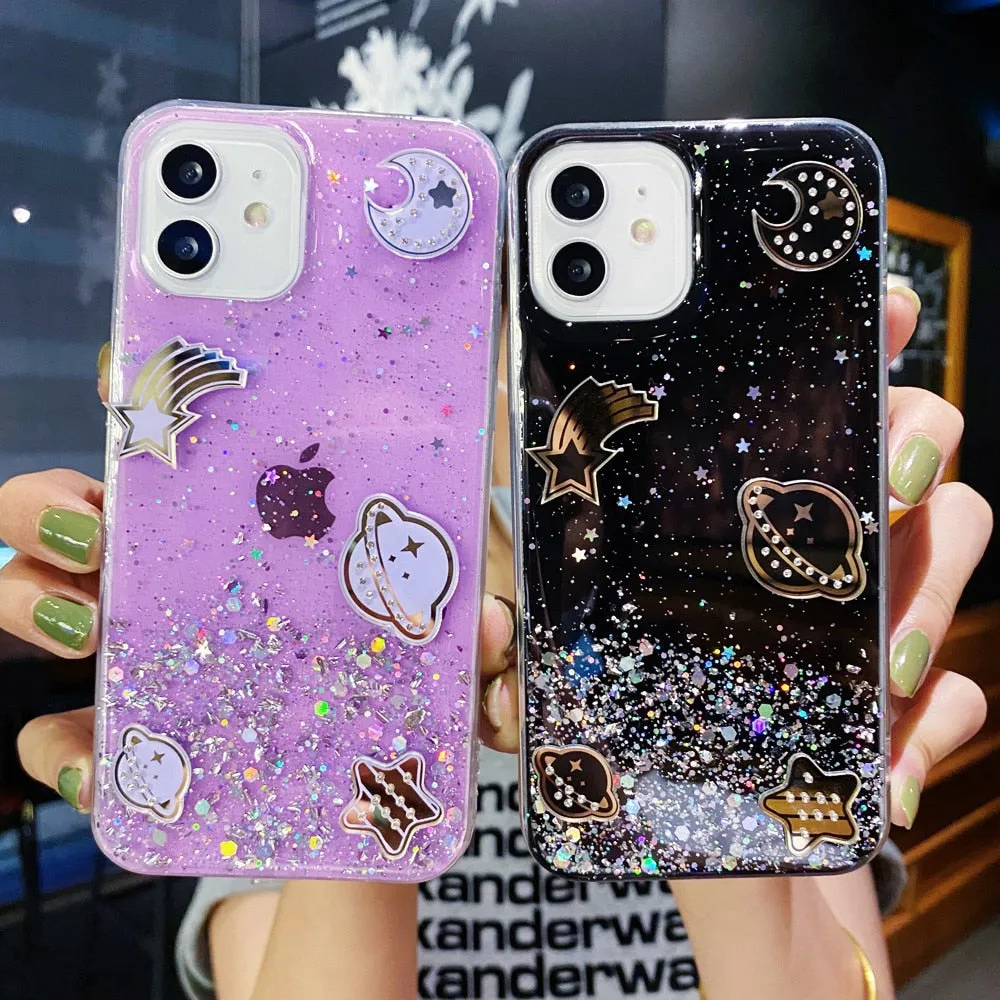 Anymob iPhone Case Black Glitter Planet Clear Soft Silicone Cover