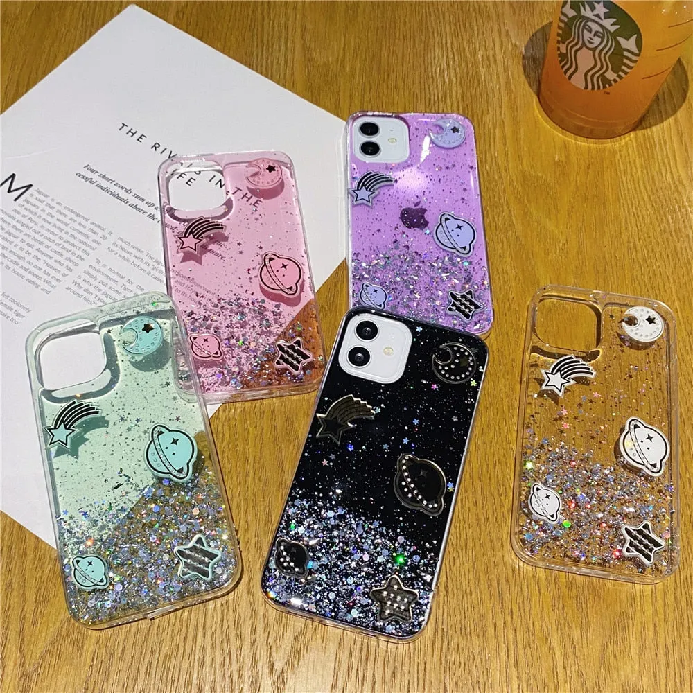 Anymob iPhone Case Black Glitter Planet Clear Soft Silicone Cover