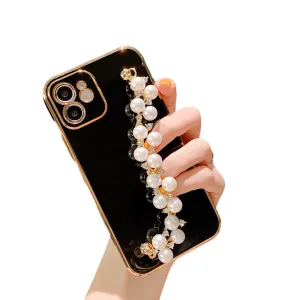 Anymob iPhone Case Black Plating Pearl Chain Wrist Band Soft Silicone Cover