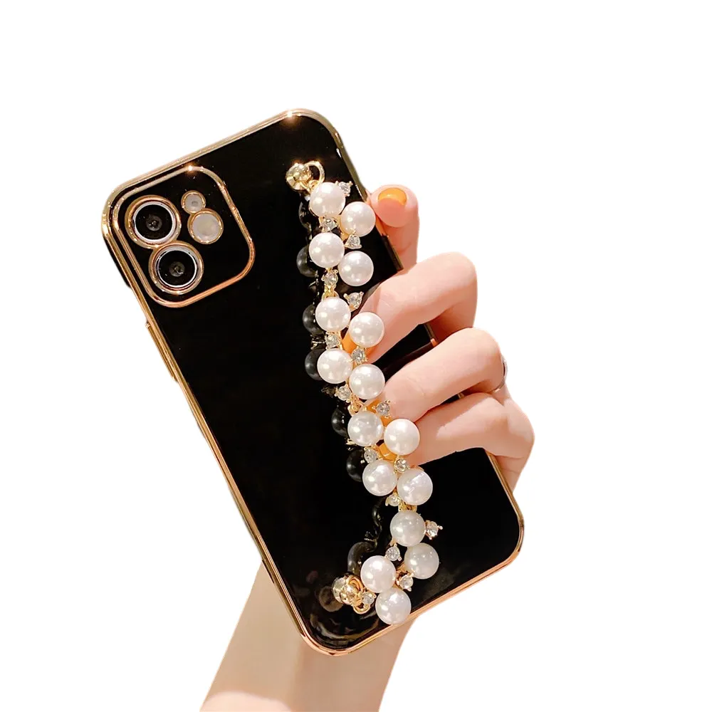 Anymob iPhone Case Black Plating Pearl Chain Wrist Band Soft Silicone Cover