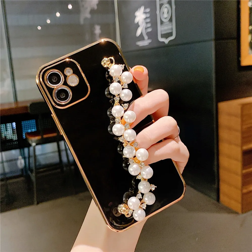 Anymob iPhone Case Black Plating Pearl Chain Wrist Band Soft Silicone Cover