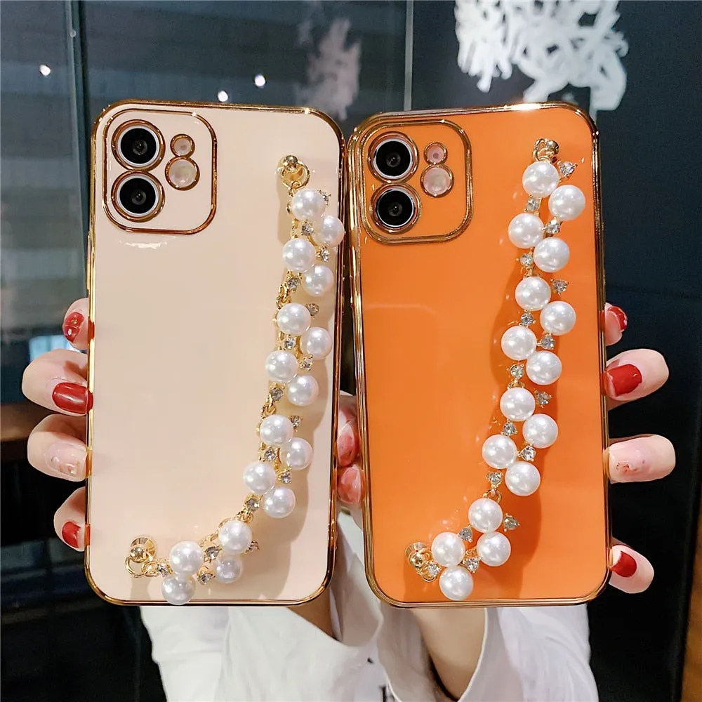 Anymob iPhone Case Black Plating Pearl Chain Wrist Band Soft Silicone Cover