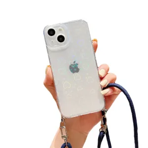 Anymob iPhone Case Blue Clear Laser Love Heart Crossbody Lanyard Hang Strap Rope Cover