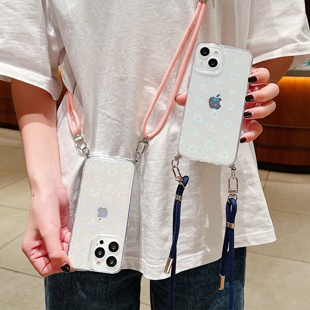 Anymob iPhone Case Blue Clear Laser Love Heart Crossbody Lanyard Hang Strap Rope Cover
