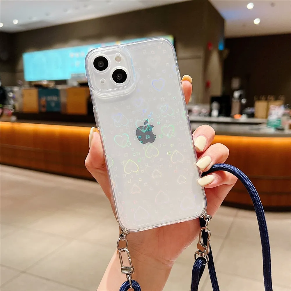 Anymob iPhone Case Blue Clear Laser Love Heart Crossbody Lanyard Hang Strap Rope Cover