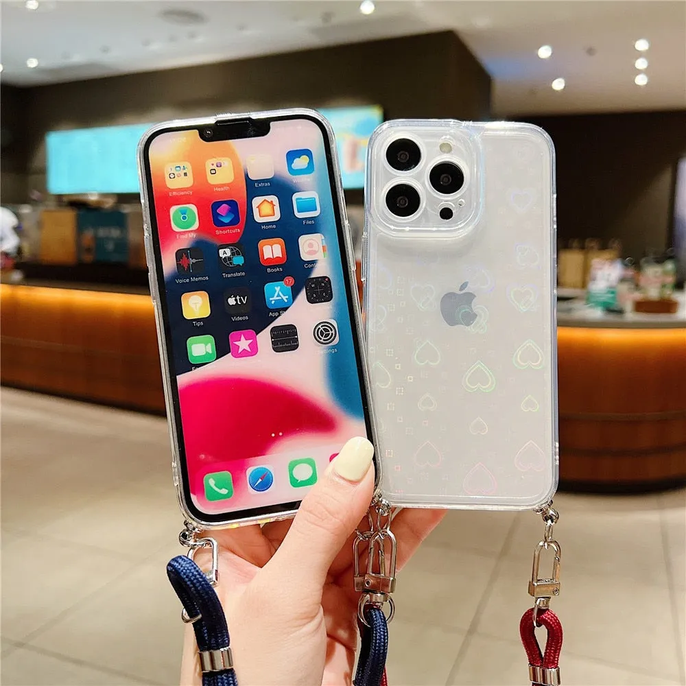 Anymob iPhone Case Blue Clear Laser Love Heart Crossbody Lanyard Hang Strap Rope Cover