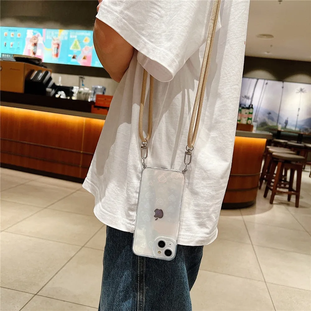 Anymob iPhone Case Blue Clear Laser Love Heart Crossbody Lanyard Hang Strap Rope Cover