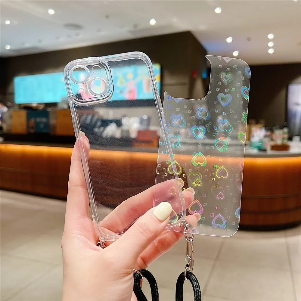 Anymob iPhone Case Blue Clear Laser Love Heart Crossbody Lanyard Hang Strap Rope Cover