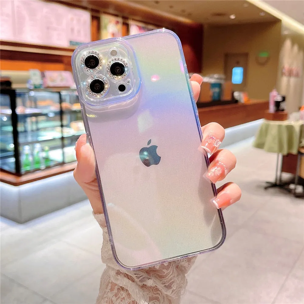 Anymob iPhone Case Blue Colorful Gradient Glitter Diamond Lens Camera Protection Soft Cover