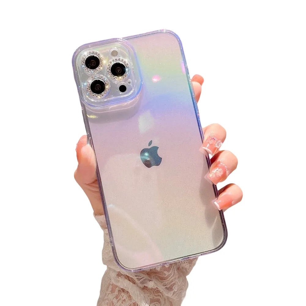 Anymob iPhone Case Blue Colorful Gradient Glitter Diamond Lens Camera Protection Soft Cover