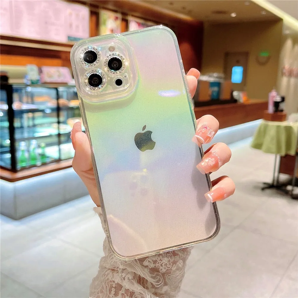 Anymob iPhone Case Blue Colorful Gradient Glitter Diamond Lens Camera Protection Soft Cover