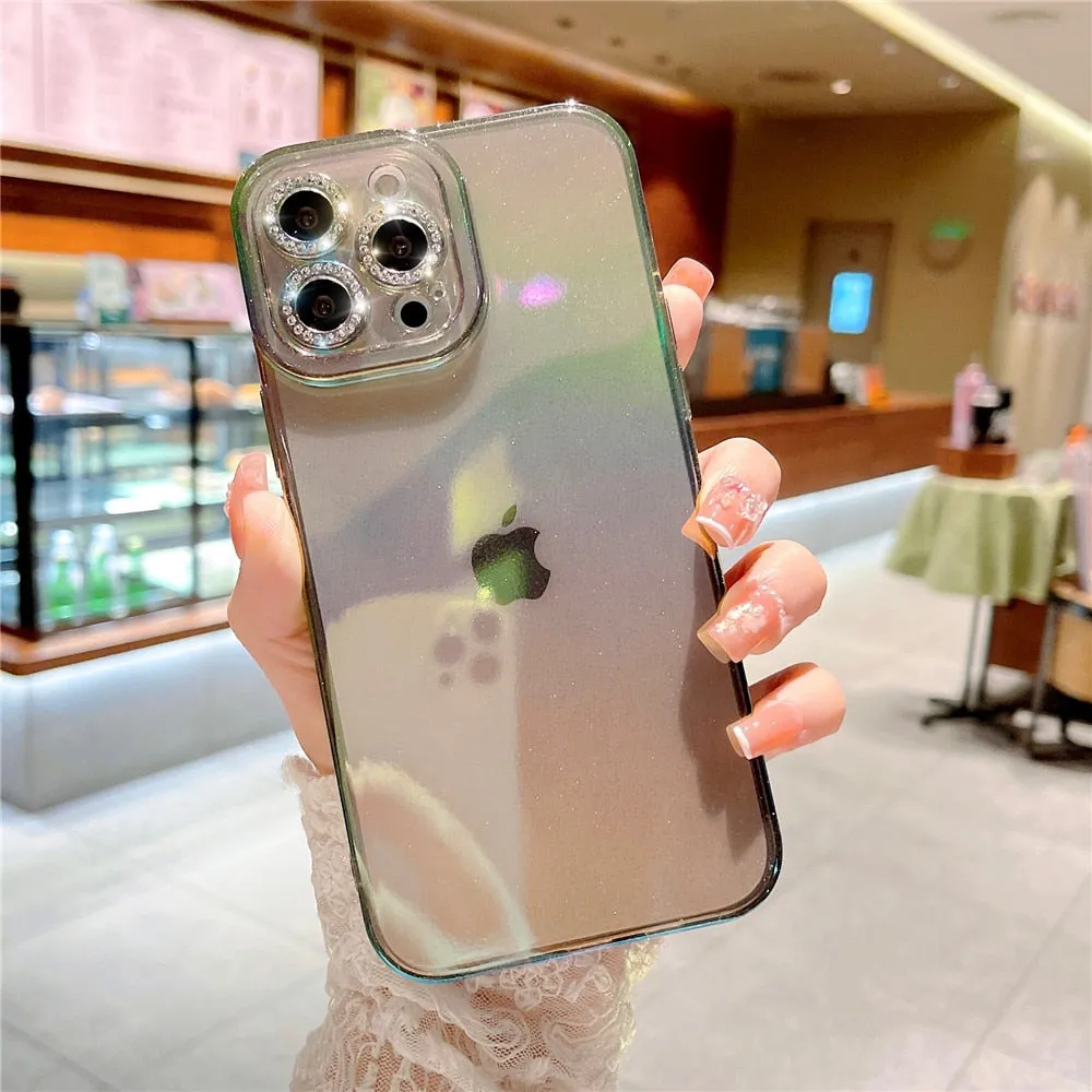Anymob iPhone Case Blue Colorful Gradient Glitter Diamond Lens Camera Protection Soft Cover
