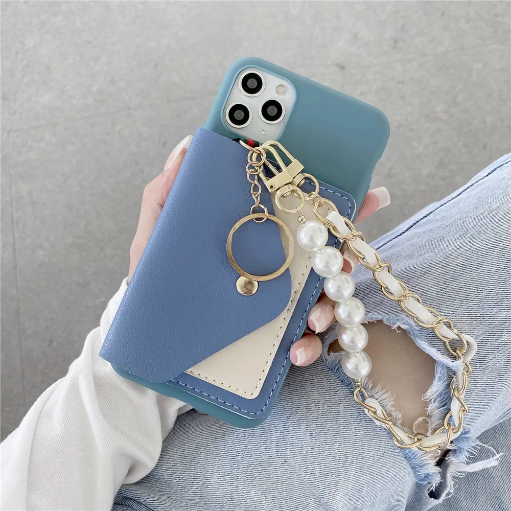 Anymob iPhone Case Blue Pearl Bracelet Leather Card Package Soft Silicone Back Cover