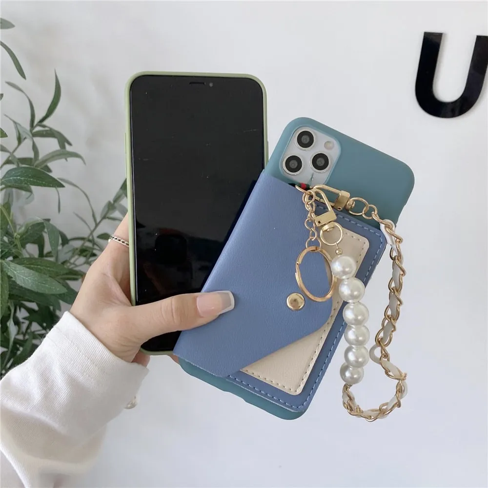Anymob iPhone Case Blue Pearl Bracelet Leather Card Package Soft Silicone Back Cover