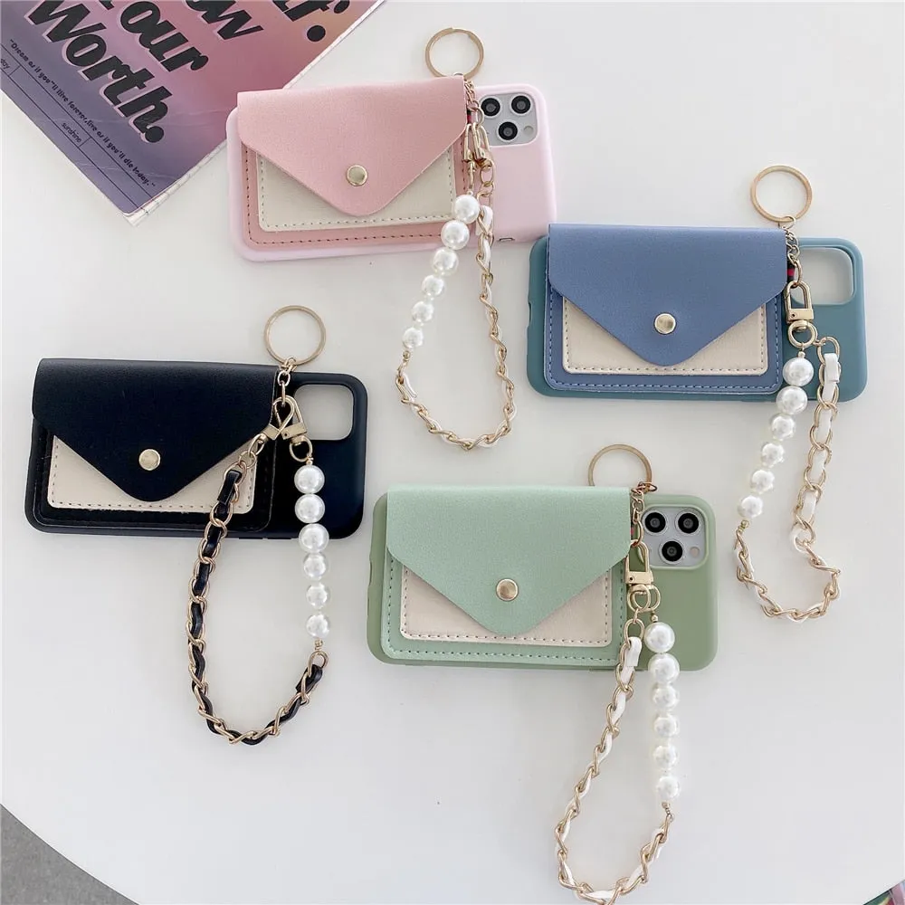 Anymob iPhone Case Blue Pearl Bracelet Leather Card Package Soft Silicone Back Cover