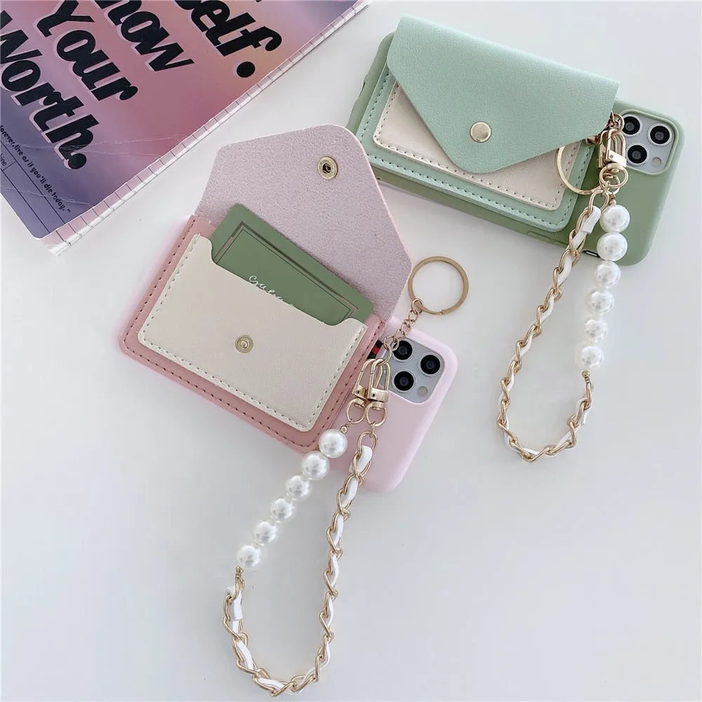 Anymob iPhone Case Blue Pearl Bracelet Leather Card Package Soft Silicone Back Cover
