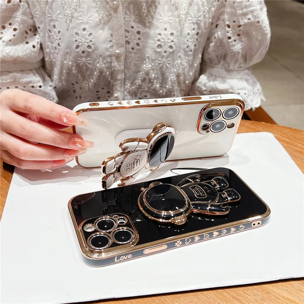 Anymob iPhone Case Blue Plating Astronaut Stand Holder Lens Protection Heart Pattern Cover