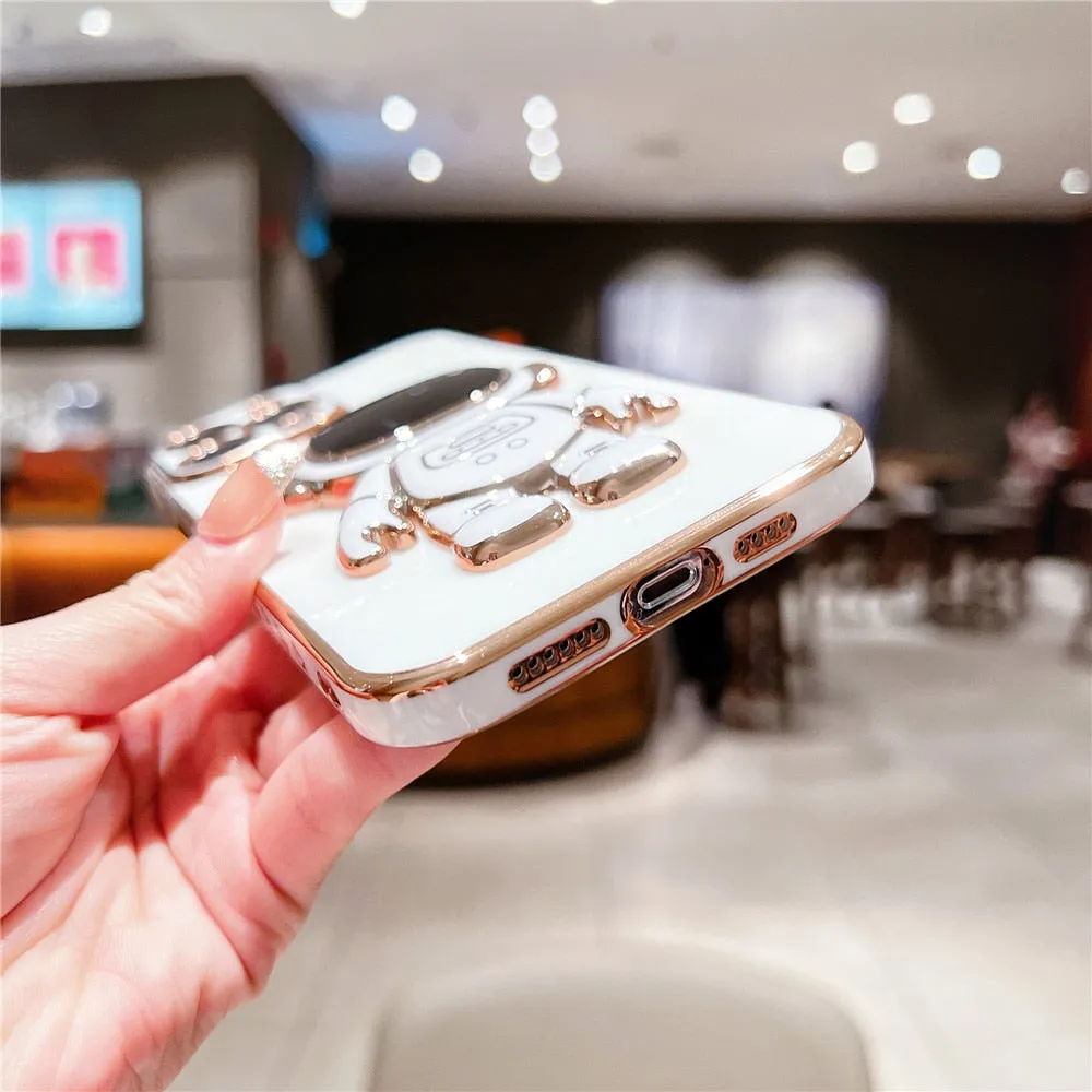 Anymob iPhone Case Blue Plating Astronaut Stand Holder Lens Protection Heart Pattern Cover