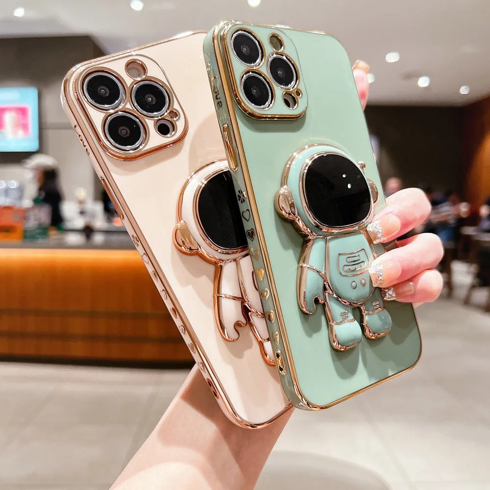 Anymob iPhone Case Blue Plating Astronaut Stand Holder Lens Protection Heart Pattern Cover